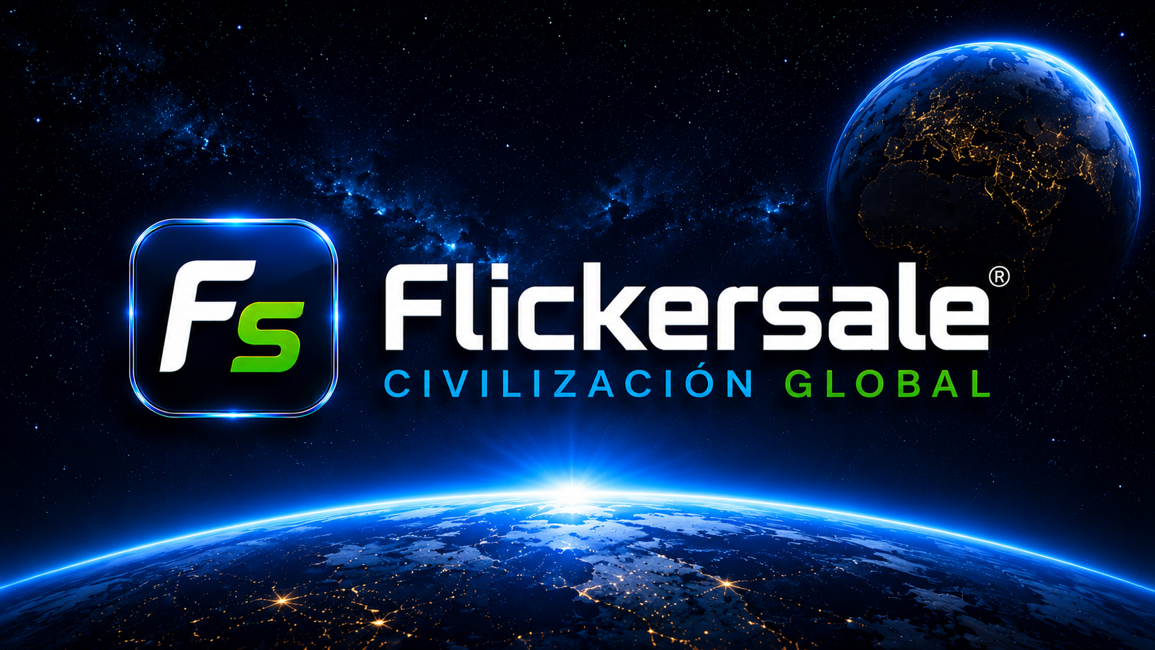 Flickersale, Civilización Global, sobre una vista espacial de la Tierra